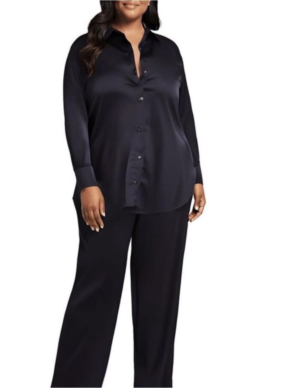 Nina Parker black satin side slit Button-Down Shirt